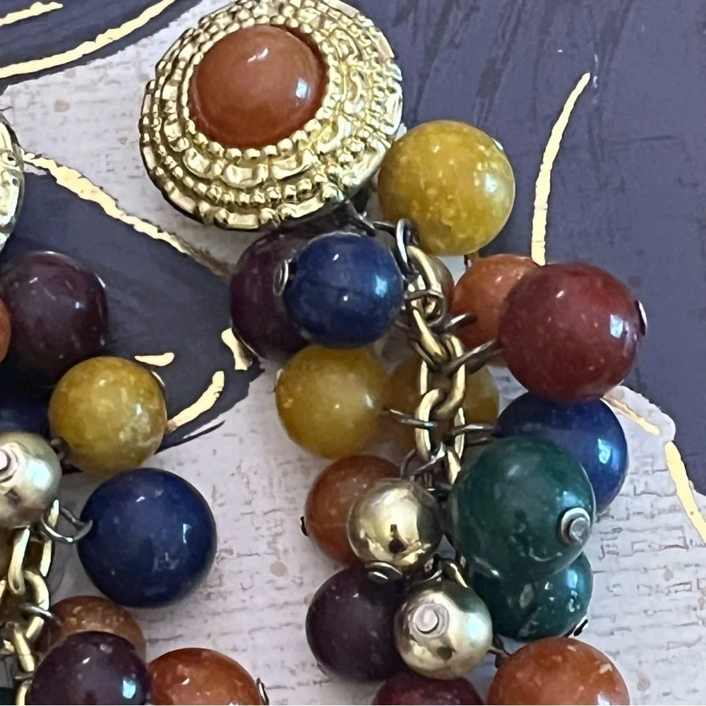 Vintage 80s Chunky Beaded BOLD Acrylic Clip On Earrings Gold and Jewel Tones